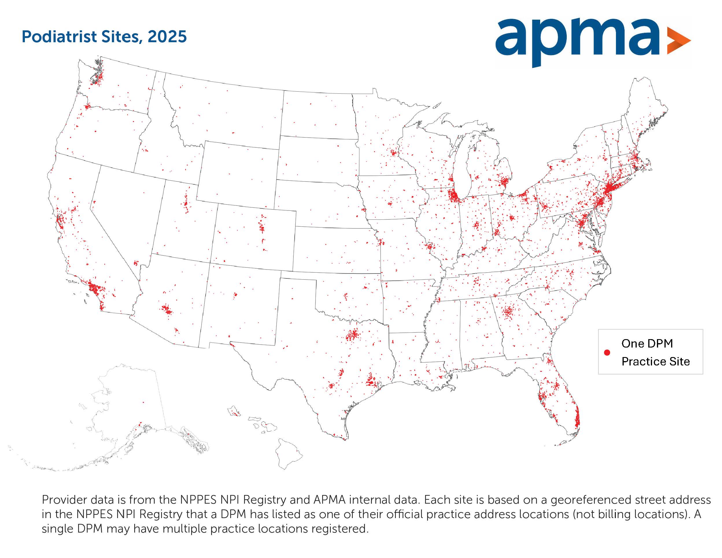 U.S. map showing podiatrist practice site locations by dot density, 2025